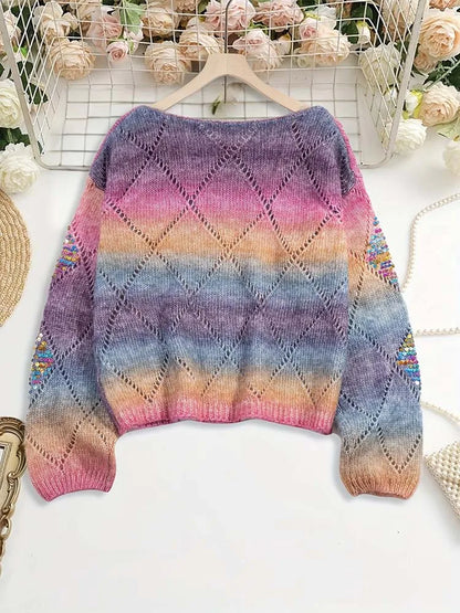 Women's Rainbow Crewneck with Pearl and Diamond Pattern Embroidery