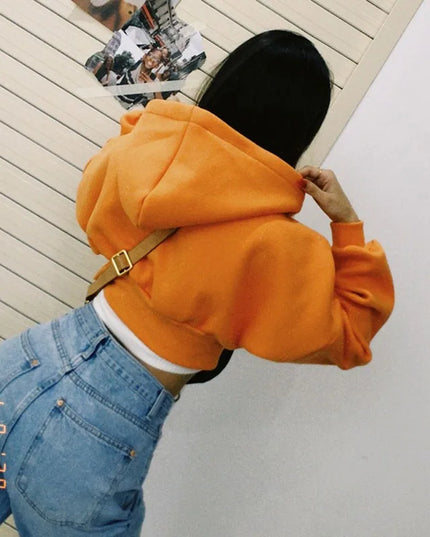 Women's Cropped Zip-Up Hoodie Jacket - Vintage Style with Pockets