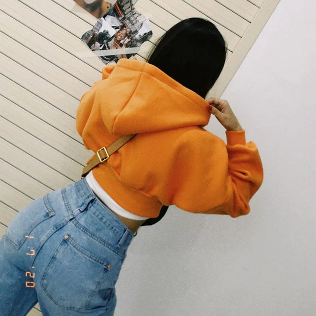 Women's Cropped Zip-Up Hoodie Jacket - Vintage Style with Pockets