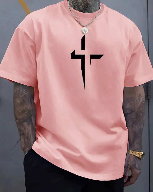 Men's 100% Cotton Casual Loose Fit Cross Print Round Neck T-Shirt