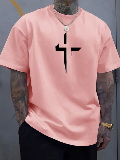 Men's 100% Cotton Casual Loose Fit Cross Print Round Neck T-Shirt