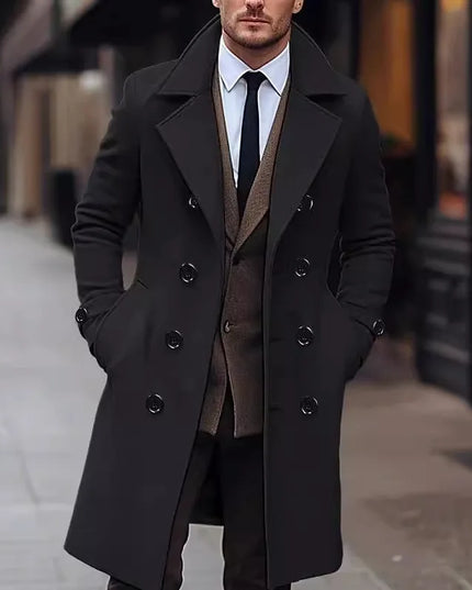 Men's Wool Coat with Double-Breasted Buttons, Lapel Collar