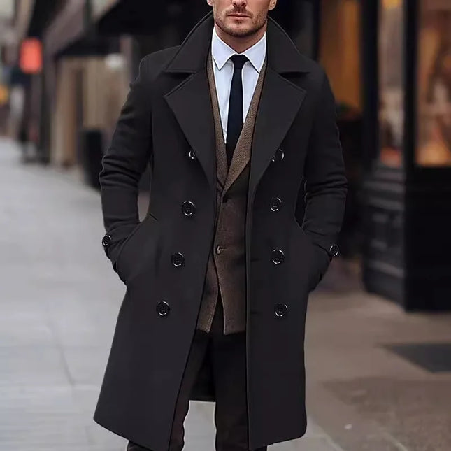 Men's Wool Coat with Double-Breasted Buttons, Lapel Collar