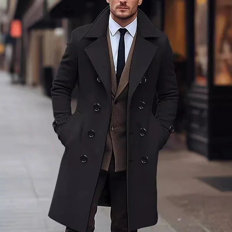 Men's Wool Coat with Double-Breasted Buttons, Lapel Collar