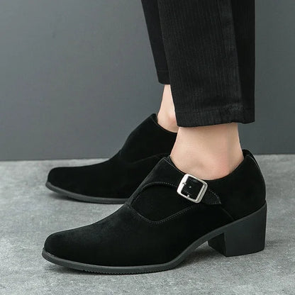 Men's 6CM Height-Boosting Platform Shoes with Pointed Toe and Buckle Decoration