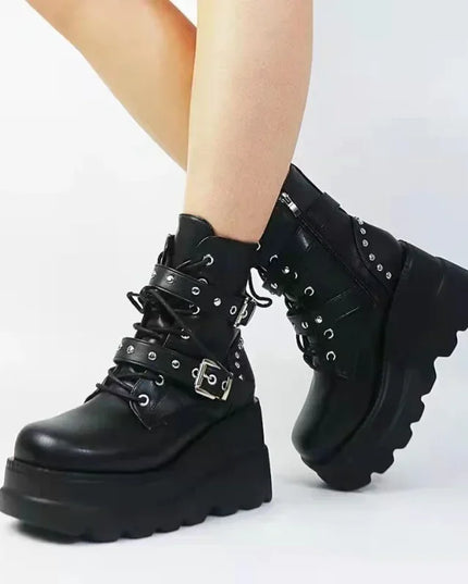 Women's Faux Leather Ankle Boots with Round Toe & Lace-Up Design