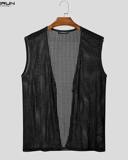 Men's Summer Tank Top with Solid Design, Hollow Out, See-Through Style, and Button Detail