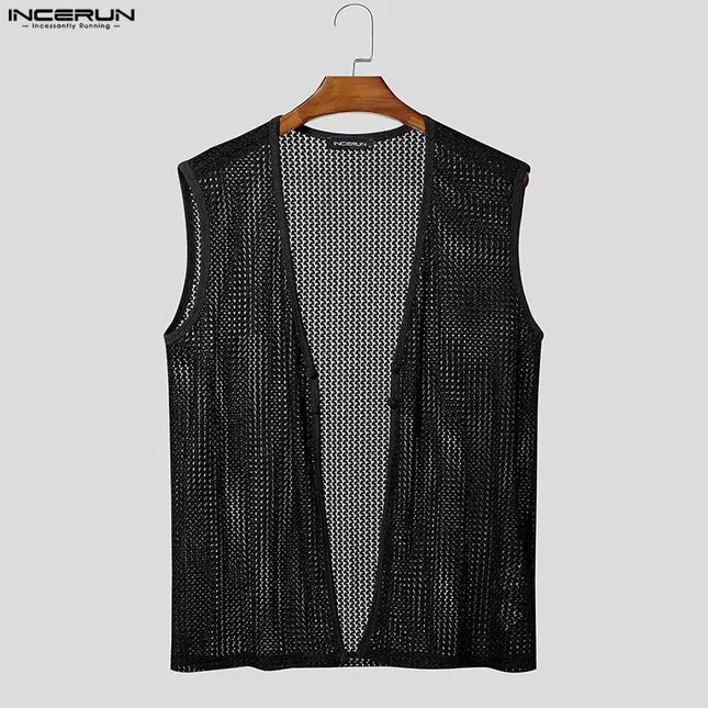 Men's Summer Tank Top with Solid Design, Hollow Out, See-Through Style, and Button Detail