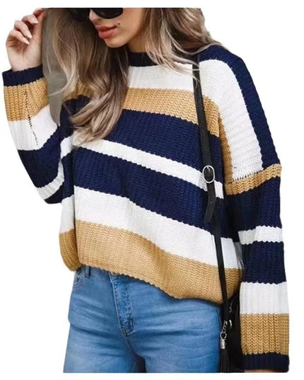 Women's Casual Knitted Sweater with Round Neck and Contrasting Stripe