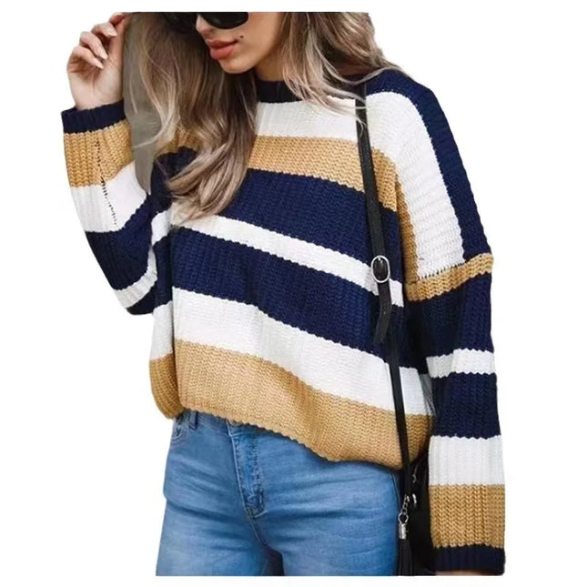 Women's Casual Knitted Sweater with Round Neck and Contrasting Stripe