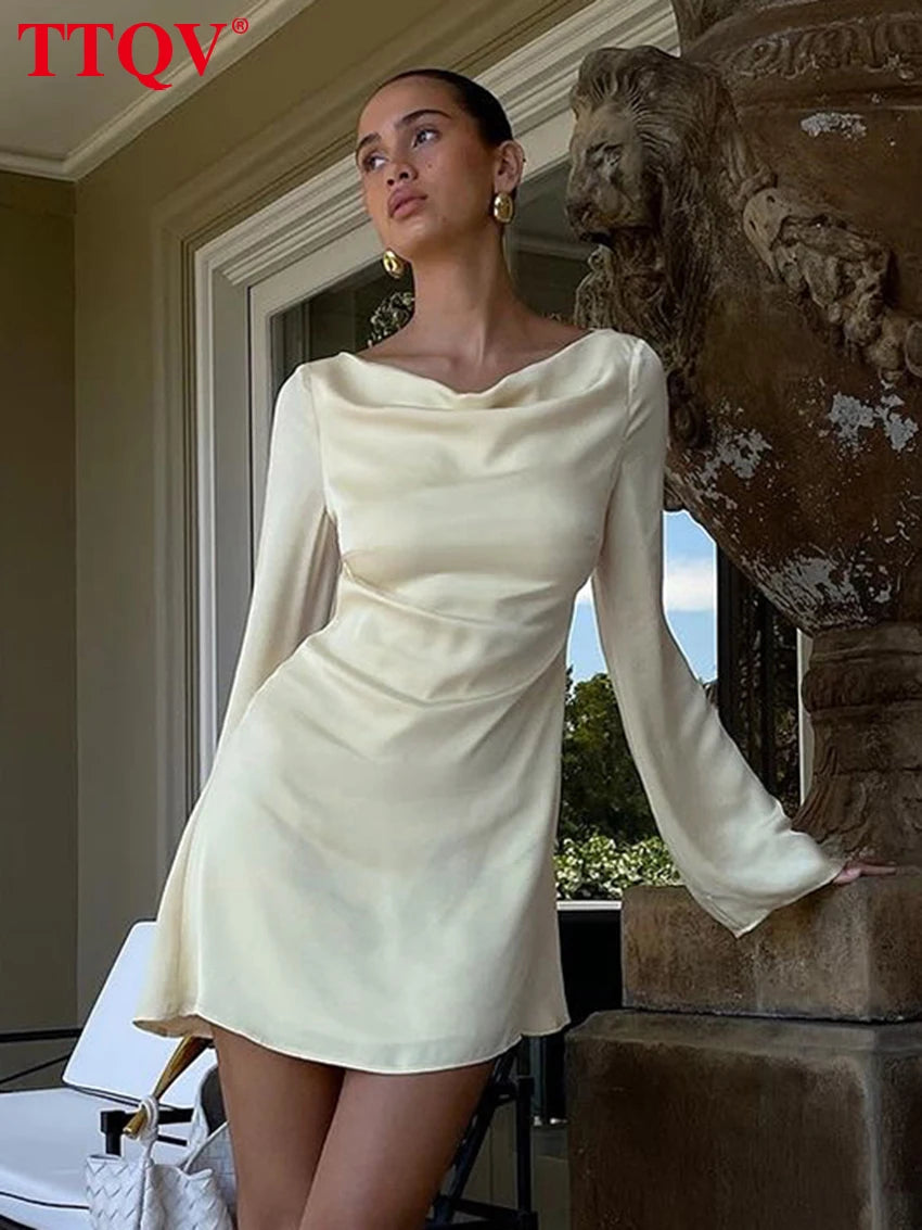 TTQV Women’s Loose Faux Satin Mini Dress - Elegant, Classic, Backless Design