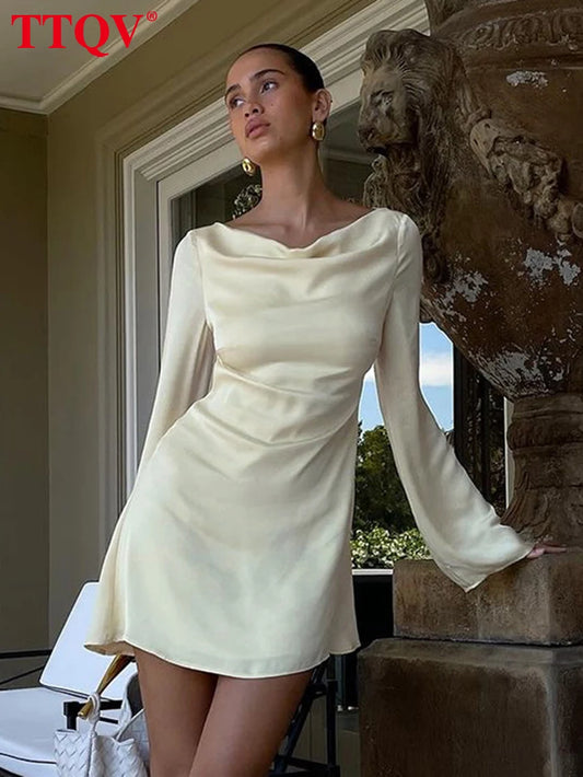 TTQV Women’s Loose Faux Satin Mini Dress - Elegant, Classic, Backless Design