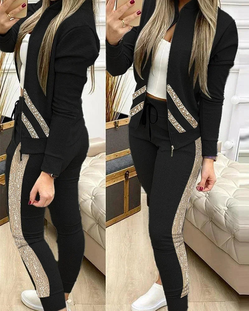 Women's Two-Piece Sequin Zipper Jacket and Sweatpants Set