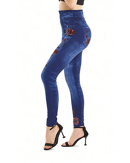 Women’s Denim-Look Leggings with Double-Sided Rose Print