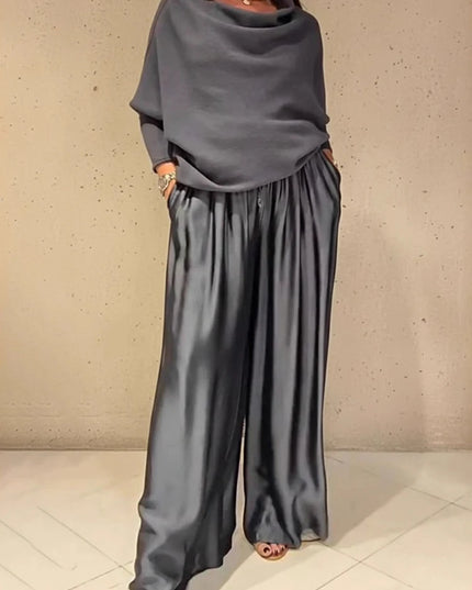 Women's Elegant Two-Piece Set - Slash Collar Off-Shoulder Top & Satin Wide-Leg Pants