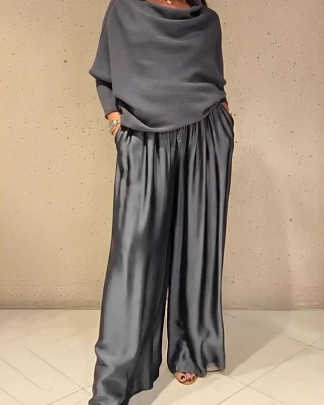 Women's Elegant Two-Piece Set - Slash Collar Off-Shoulder Top & Satin Wide-Leg Pants