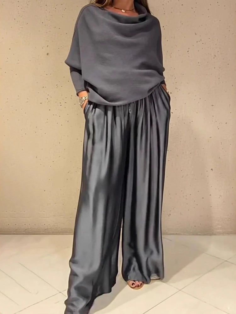Women's Elegant Two-Piece Set - Slash Collar Off-Shoulder Top & Satin Wide-Leg Pants