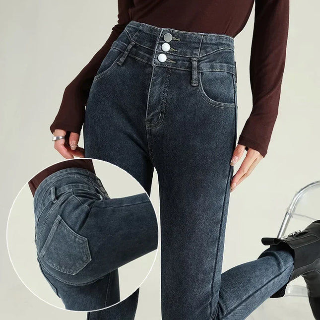 Women's High-Waisted Stretch Denim Pants with Multi-Button Closure