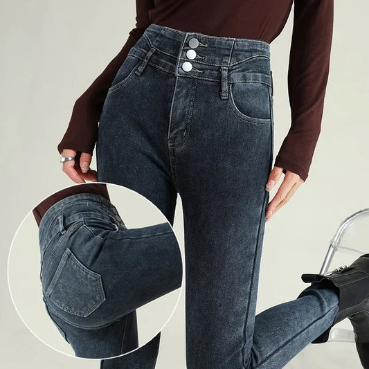 Women's High-Waisted Stretch Denim Pants with Multi-Button Closure