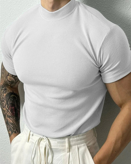 Men's Slim Fit Short Sleeve T-Shirt with High Collar and Stripe Design
