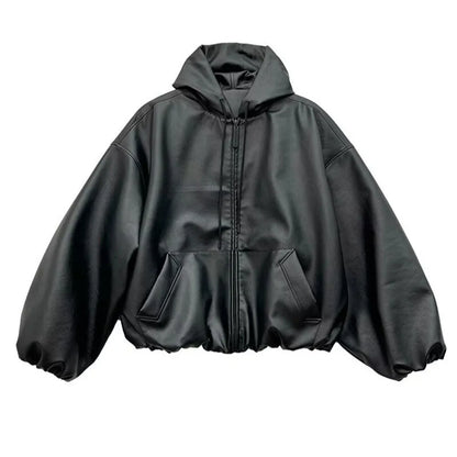 Unisex PU Leather Casual Oversized Hooded Zipper Jacket – Loose Fit, Trendy Zipper Hoodie for Men and Women