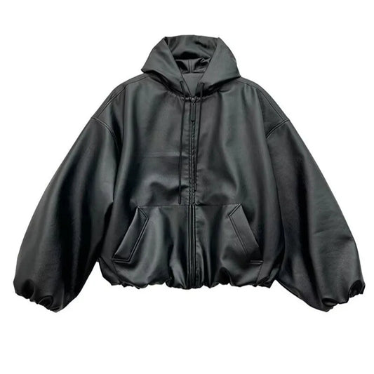 Unisex PU Leather Casual Oversized Hooded Zipper Jacket – Loose Fit, Trendy Zipper Hoodie for Men and Women