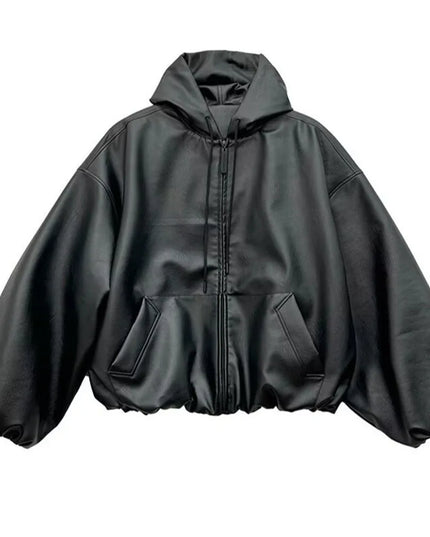 Unisex Faux Leather Casual Zipper Hooded Jacket - Oversized