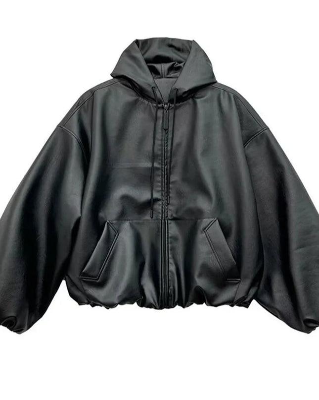 Unisex Faux Leather Casual Zipper Hooded Jacket - Oversized