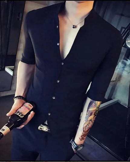 Men's Slim Fit Half Sleeve Stand Collar Shirt