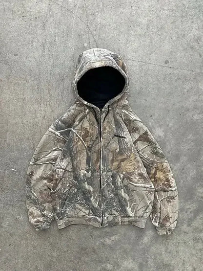 Oversized Camo Pattern Hooded Jacket and Elastic Waist Pants Set for Men