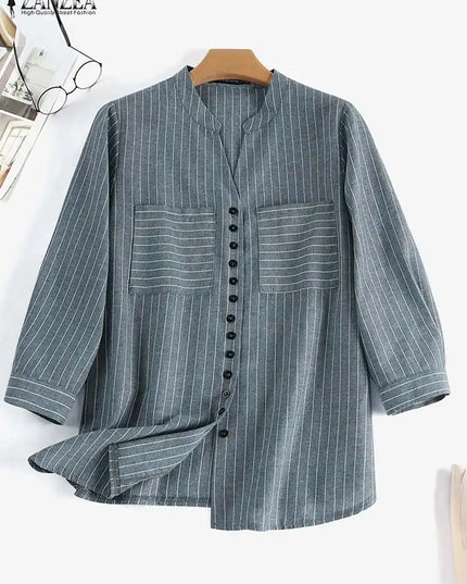ZANZEA Women's Vintage Striped Blouse - 3/4 Sleeve Loose-Fitting Button-Up Shirt