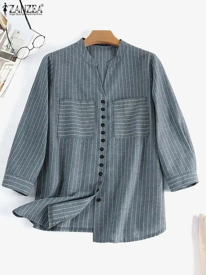 ZANZEA Women's Vintage Striped Blouse - 3/4 Sleeve Loose-Fitting Button-Up Shirt