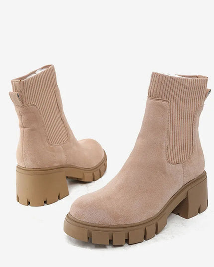 Women's Square Heel Ankle Boots with Thick Sole, Round Toe Faux Suede