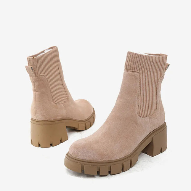 Women's Square Heel Ankle Boots with Thick Sole, Round Toe Faux Suede