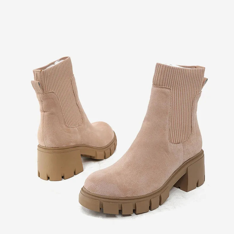 Women's Square Heel Ankle Boots with Thick Sole, Round Toe Faux Suede