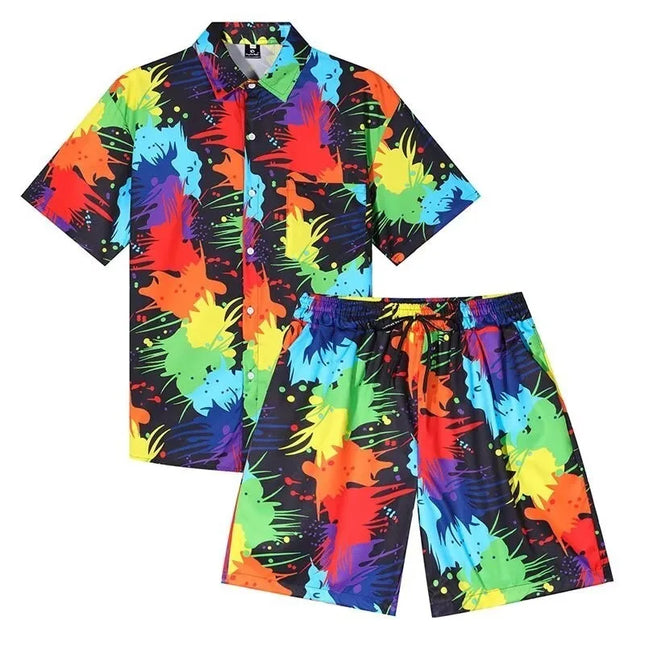 Men's Two-Piece Loose Fit Tie-Dye Striped Shirt and Shorts Set