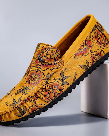 Men's Flower-Printed Faux Leather Slip-On Loafers - Stylish and Comfortable Men's Shoes