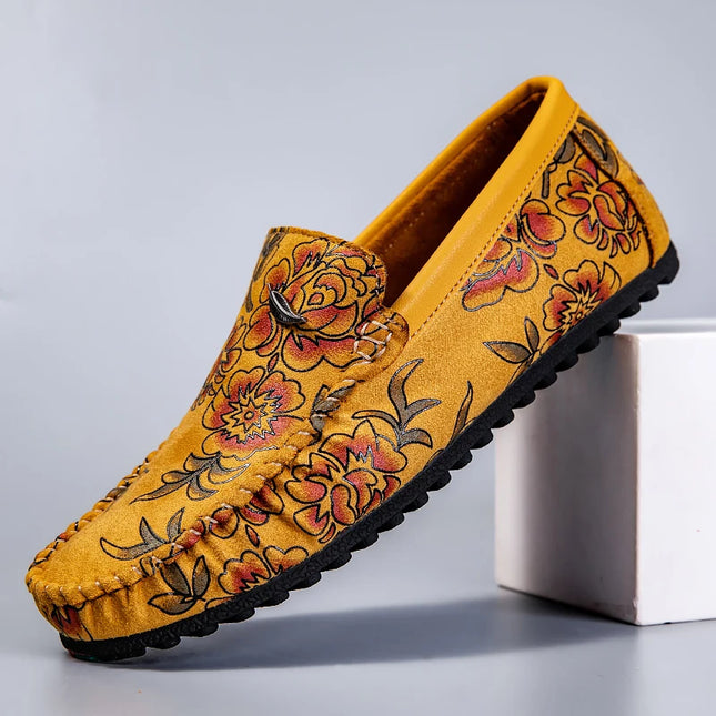 Men's Flower-Printed Faux Leather Slip-On Loafers - Stylish and Comfortable Men's Shoes