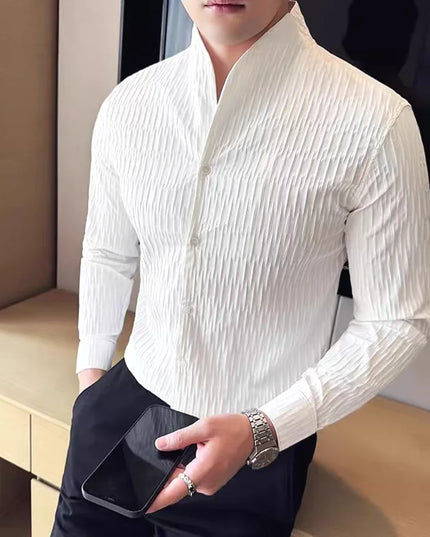 Men’s Slim-Fit Long-Sleeve Shirt with Stand Collar, Textured Fabric, and Embroidery