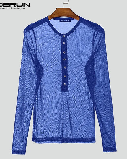 Men's Slim Fit Transparent Mesh Long Sleeve Henley Sweater