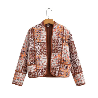 Women's Floral Print Quilted Loose Fit Jacket with Front Pockets