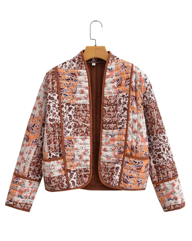 Women's Floral Print Quilted Loose Fit Jacket with Front Pockets