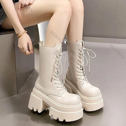 Women's Faux Leather Platform Boots - Mid-Calf Lace-Up Chunky High Heel Boots