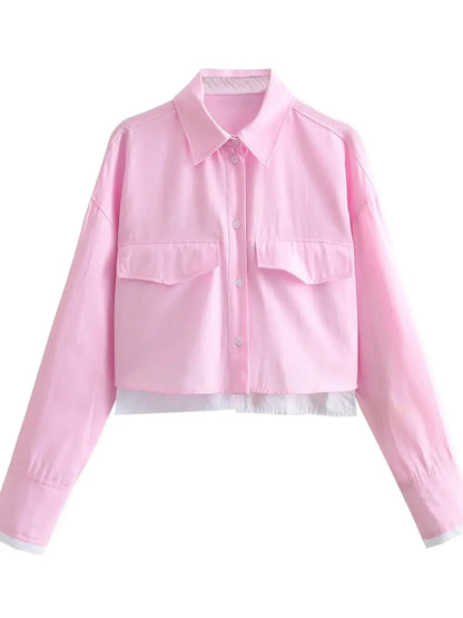 Women's Crop Blouse Shirt with Lapel, Long Sleeves, and Pocket