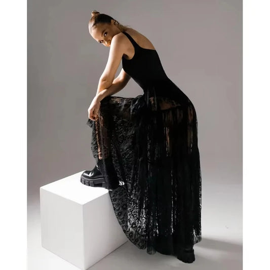 Chic Long Transparent Black Lace Skirt for Women