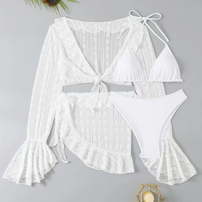 Women's Four-Piece Long-Sleeve Cover-Up Swimwear Set - Stylish Bikini & Beach Cover-Up