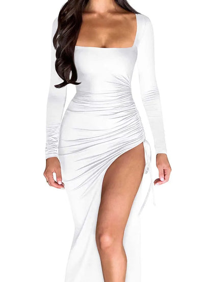 Long Sleeve Drawstring Dress for Women with Ruched High Split and Square Collar