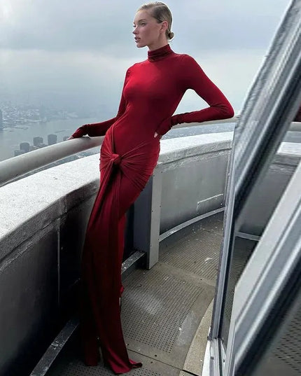 Tight-Fitting Lace-Up High Neck Long Sleeve Bodycon Dress for Women