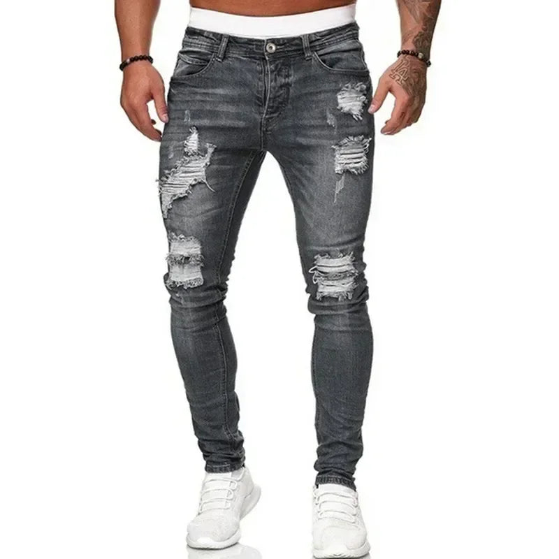 Men's Ripped Slim Fit Vintage Denim Jeans – Skinny Fit Mens Casual Ripped Jeans