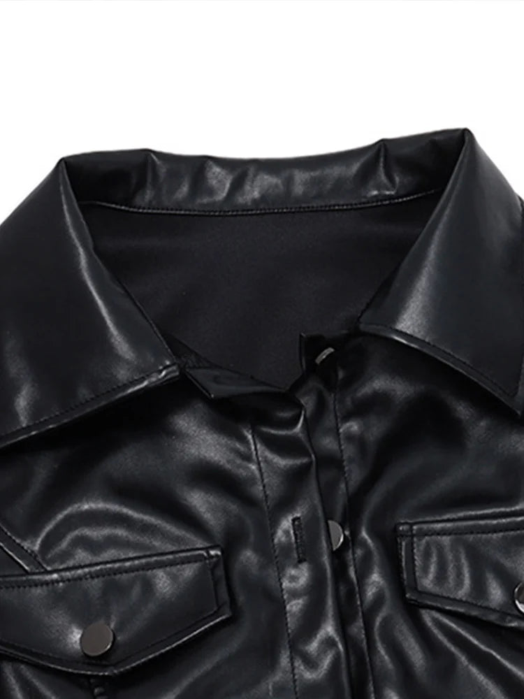 Women's Black Casual Crop Faux Leather Jacket with Long Sleeves and Button Closure